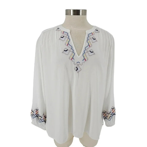 Ann Taylor LOFT Shirt White Embroidered Long Sleeve V Neck Peasant Top Petite - Picture 1 of 7